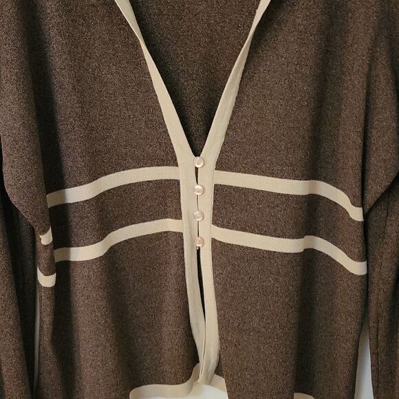 DRESSBARN Brown Collarless Preppy Varsity Long Sleeve Cardigan - Picture 7 of 9